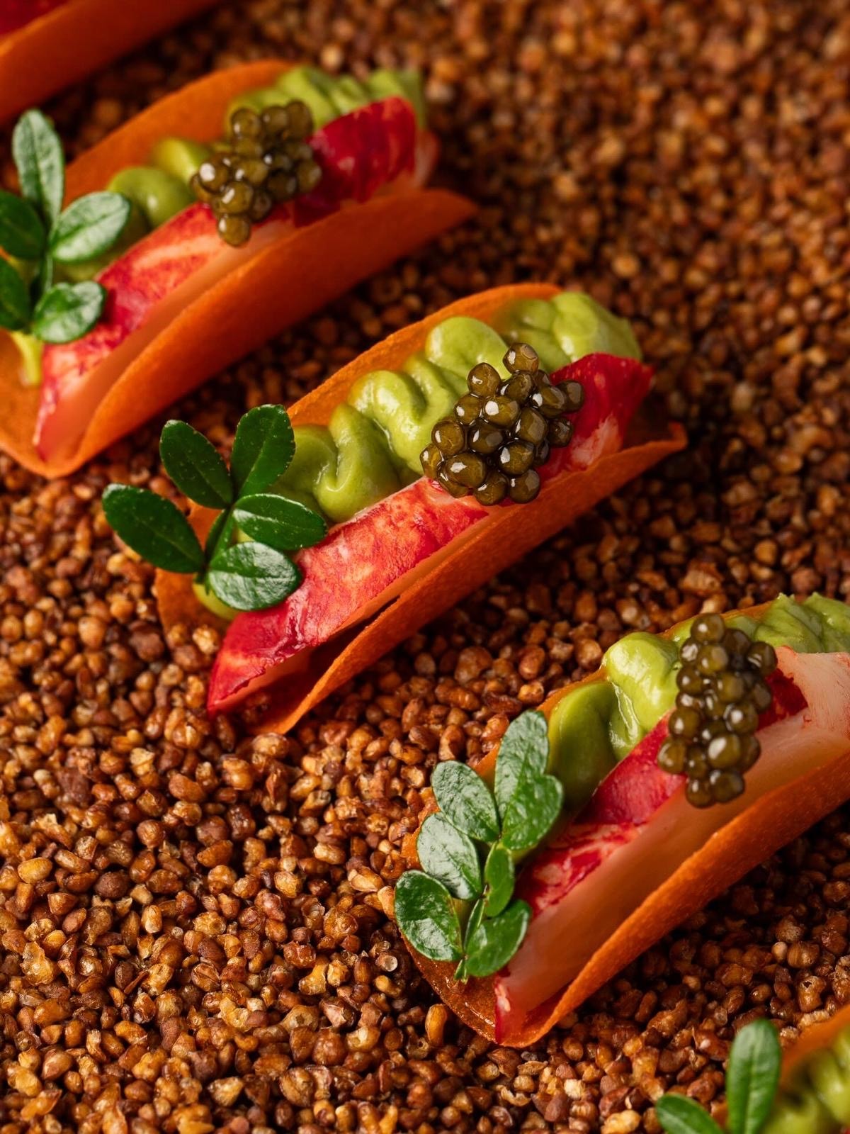 Red pepper canapés with caviar and avocado
